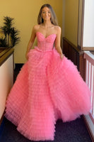 Load image into Gallery viewer, Pink A Line Sweetheart Tiered Long Corset Prom Dress