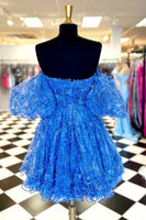 Load image into Gallery viewer, A-Line Fuchsia Corset Puff Sleeves Homecoming Dress with Ruffles