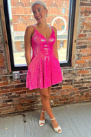 Load image into Gallery viewer, Sparkly A Line Fuchsia Short Homecoming Dress with Sequins
