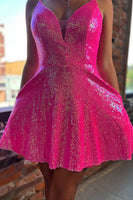 Load image into Gallery viewer, Sparkly A Line Fuchsia Short Homecoming Dress with Sequins