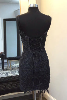 Sparkly Black Bodycon Spaghetti Straps Short Corset Homecoming Dress with Lace