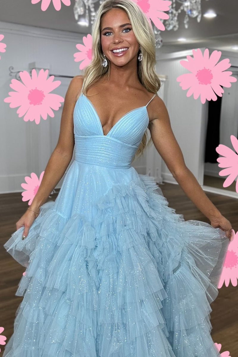 Load image into Gallery viewer, Pink A-Line Deep V Neck Tiered Long Prom Dress With Slit