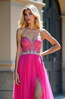 Load image into Gallery viewer, Fuchsia Sweetheart Tulle Long Beaded Prom Dress with Slit