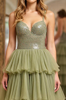 Load image into Gallery viewer, Dusty Sage Sequins A Line Tiered Long Tulle Prom Dress