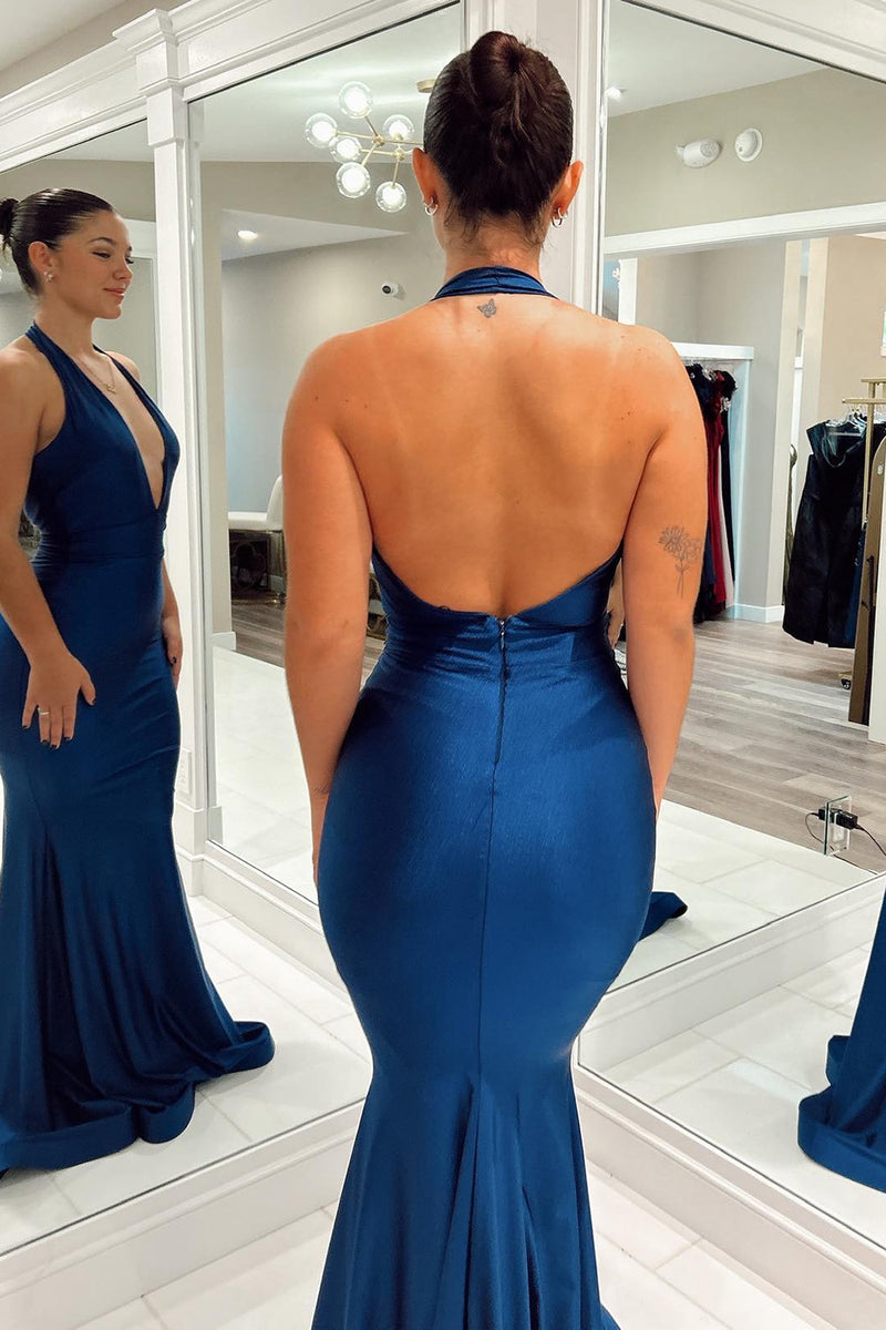 Load image into Gallery viewer, Dark Blue Mermaid Backless Long Prom Dress