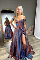 Load image into Gallery viewer, Sparkly Blue Off the Shoulder Metallic Long Corset Prom Dress with Bow