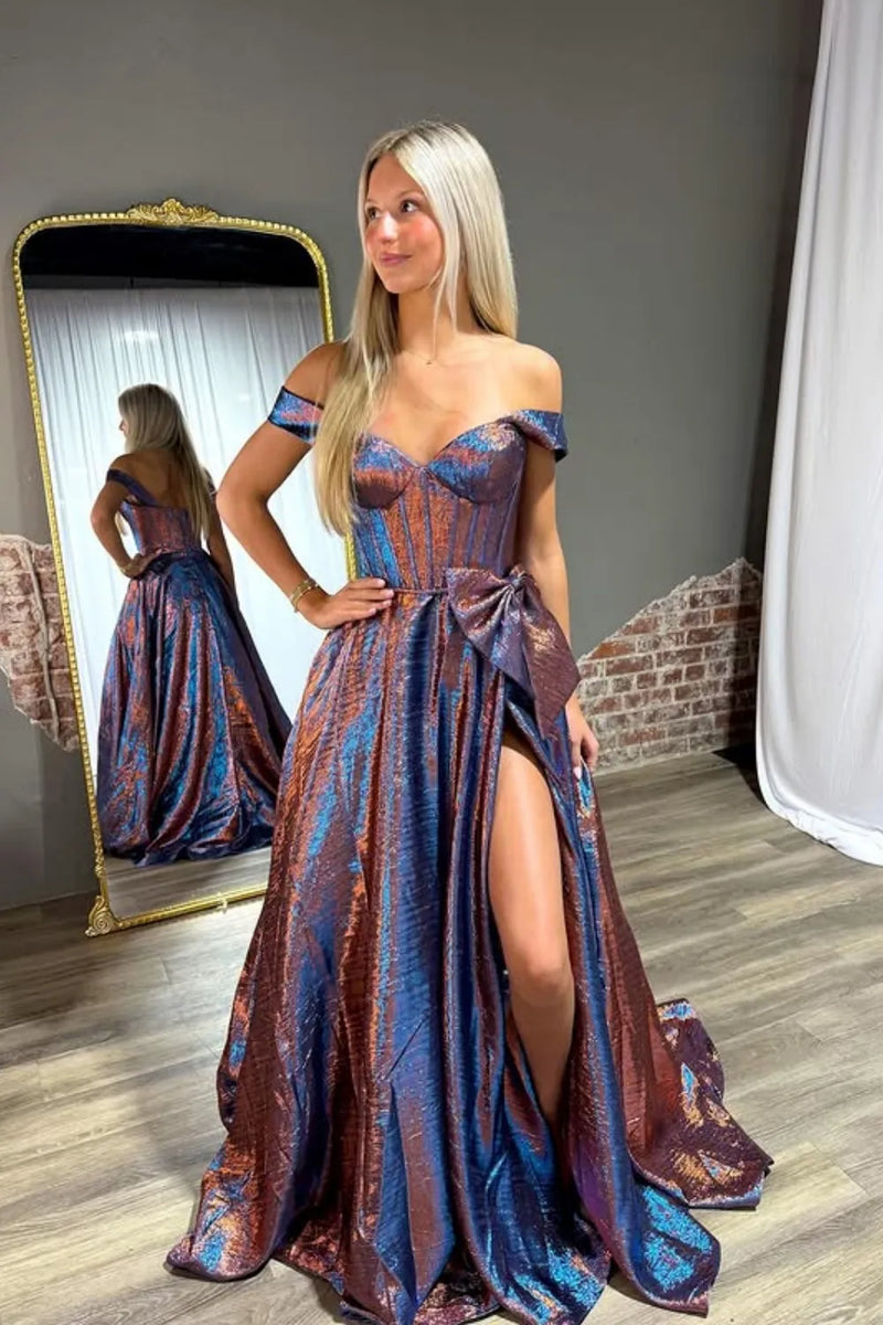 Load image into Gallery viewer, Sparkly Blue Off the Shoulder Metallic Long Corset Prom Dress with Bow