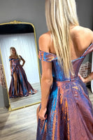 Load image into Gallery viewer, Sparkly Blue Off the Shoulder Metallic Long Corset Prom Dress with Bow