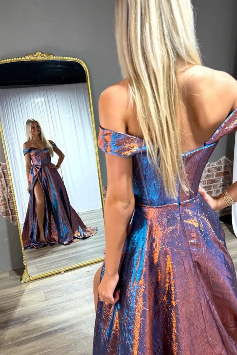 Load image into Gallery viewer, Sparkly Blue Off the Shoulder Metallic Long Corset Prom Dress with Bow