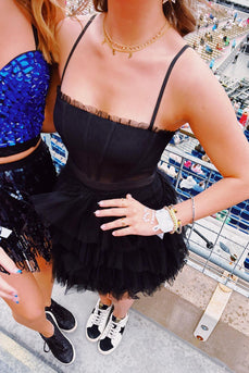 A-Line Black Spaghetti Straps Tiered Tull Homecoming Dress