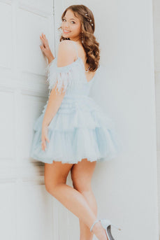Blue A-Line Spaghetti Straps Tiered Tull Homecoming Dress