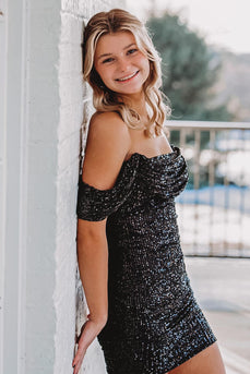 Off The Shoulder Black Bodycon Homecoming Dress with Beading