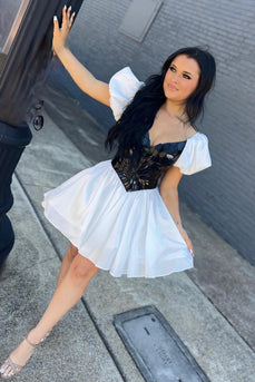 A-Line White Mirror Homecoming Dress with Puff Sleeves