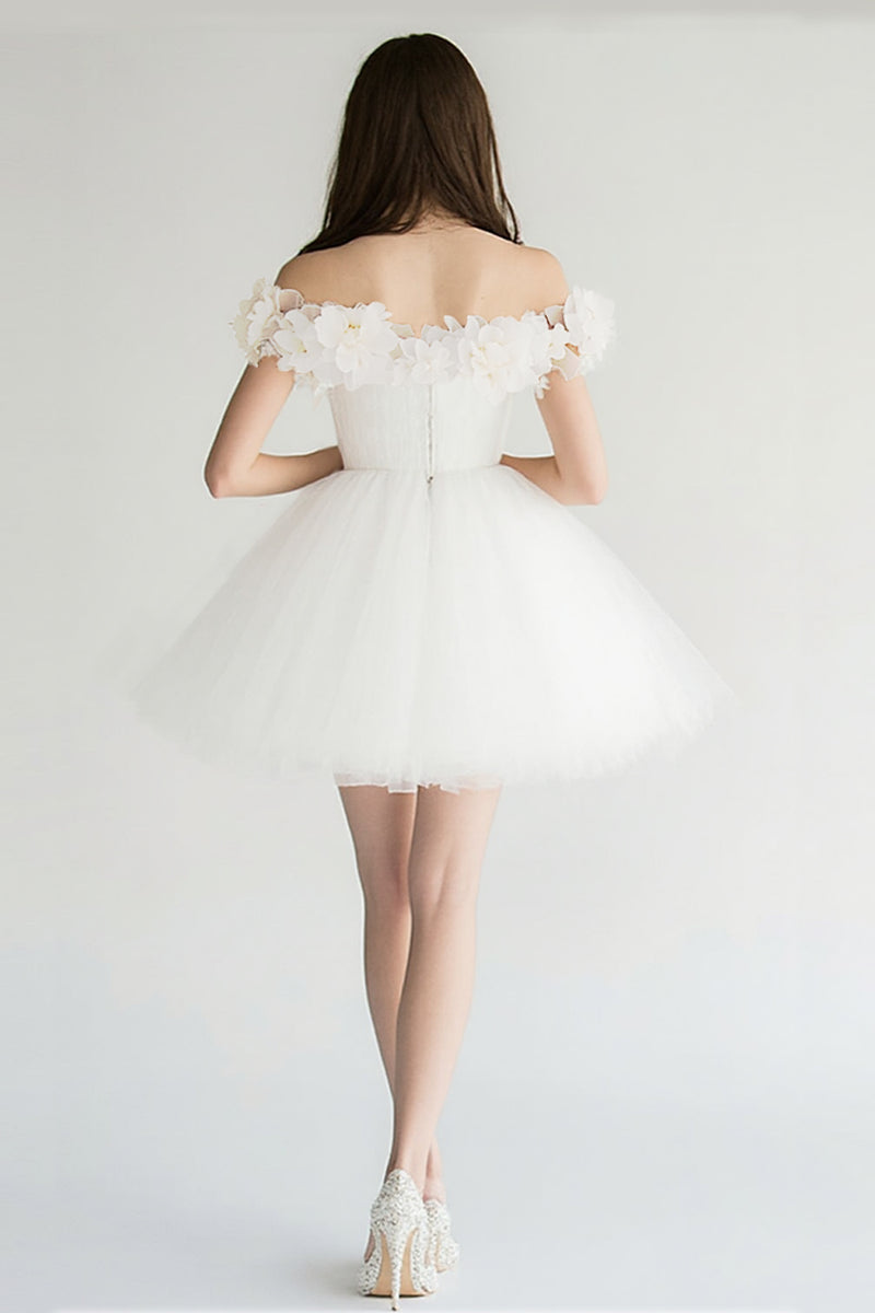 Load image into Gallery viewer, White Off The Shoulder A Line Tulle Short Graduation Dress with 3D Flowers