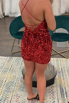 Sparkly Fuchsia Spaghetti Straps Sequined Tight Homecoming Dress