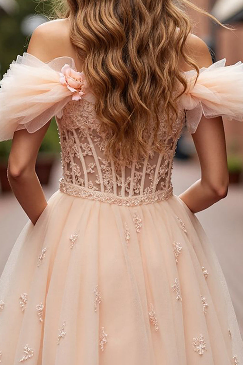Load image into Gallery viewer, Floral Champagne Short Ruffled Corset Homecoming Dress with Lace