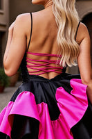 Load image into Gallery viewer, Black and Fuchsia Satin A Line Short Homecoming Dress with Ruffles