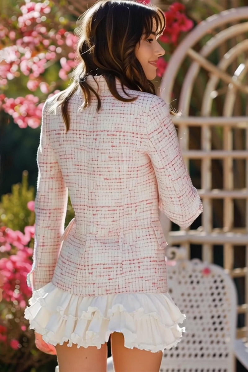 Load image into Gallery viewer, Light Pink Tweed Plaid Notched Lapel Homecoming Outfits with Ruffles