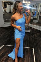 Load image into Gallery viewer, Red One Shoulder Sequins Mermaid Prom Dress with Slit
