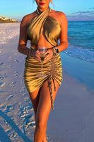 Load image into Gallery viewer, Gold Satin Halter Cut Out Ruched Mini Dress