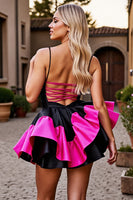 Load image into Gallery viewer, Black and Fuchsia Satin A Line Short Homecoming Dress with Ruffles