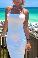 Load image into Gallery viewer, Simple White Spaghetti Straps Boho Sheath Ruched Long Engagement Dress