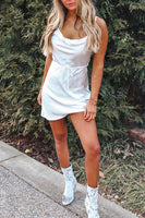 Load image into Gallery viewer, Simple White Bodycon Cowl Neck Satin Mini Dress with Sash