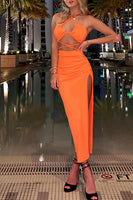 Load image into Gallery viewer, Orange Halter Sheath Cut Out Long Prom Dress with Slit
