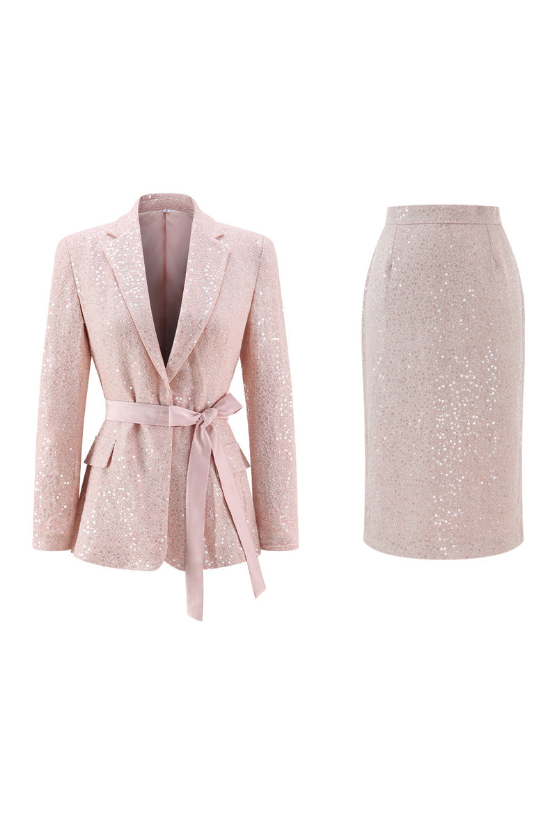 Load image into Gallery viewer, Sparkly Pink 2 Piece Sequin Pencil Midi Prom Suits with Sash