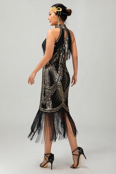 Sparkly Black Golden Sequins Halter Flapper Dress with Fringes