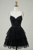 Load image into Gallery viewer, Sparkly Navy Spaghetti Straps Sequins Short Homecoming Dress