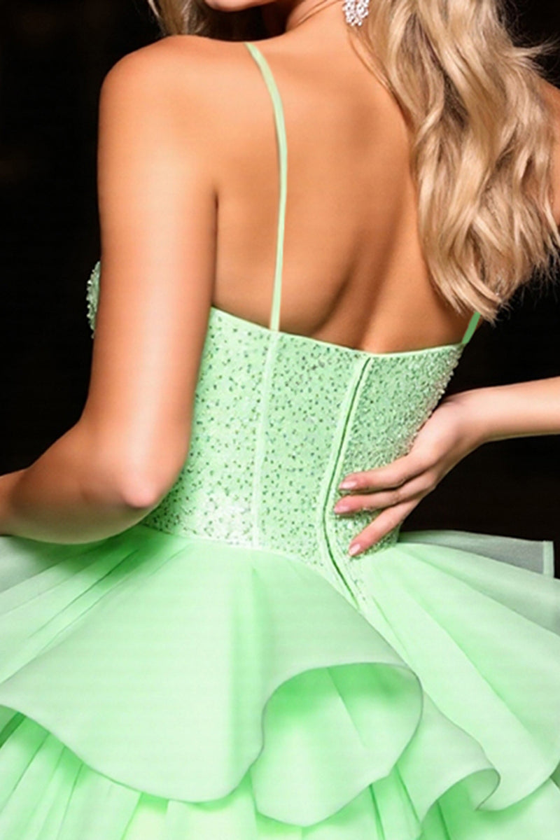 Load image into Gallery viewer, Sparkly Green Tulle Corset Short Ruffled Homecoming Dress with Beading