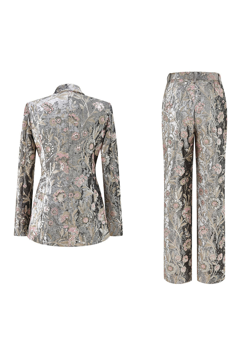 Load image into Gallery viewer, Sparkly Floral Grey Peak Lapel 2 Piece Women Prom Suits with Sequins