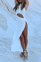 Load image into Gallery viewer, White Sheath Cut Out Halter Ruched Long Prom Dress with Slit