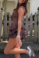 Load image into Gallery viewer, Brown A Line Tiered Mini Dress with Ruffles