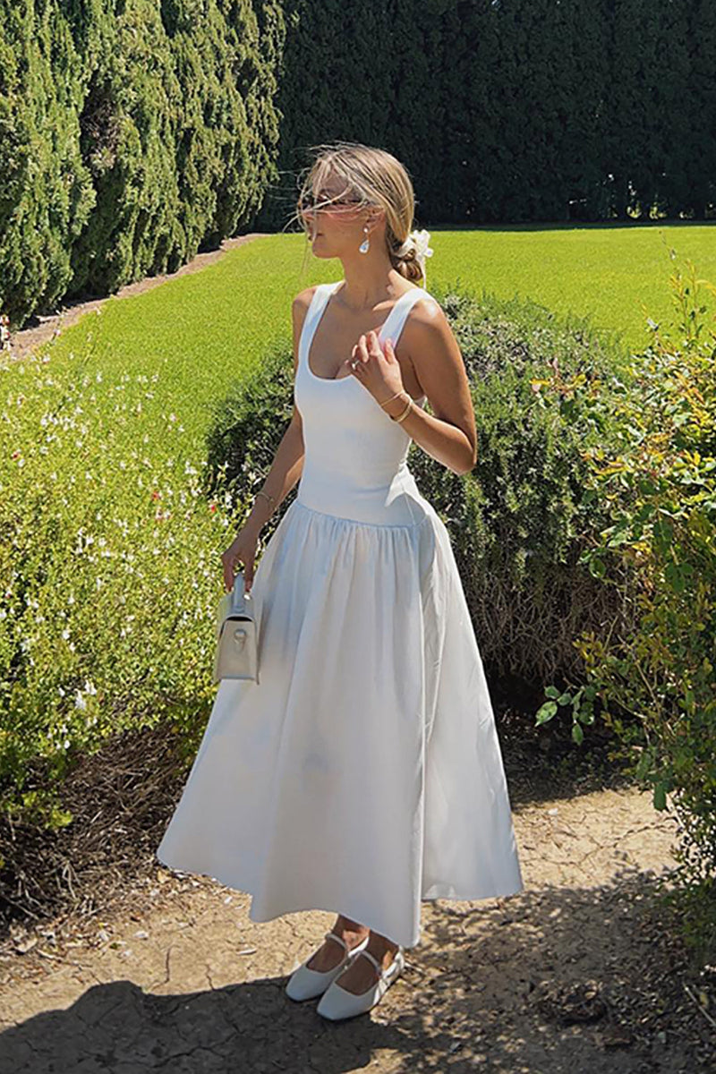Load image into Gallery viewer, White A Line Scoop Neck Maxi Engagement Dress