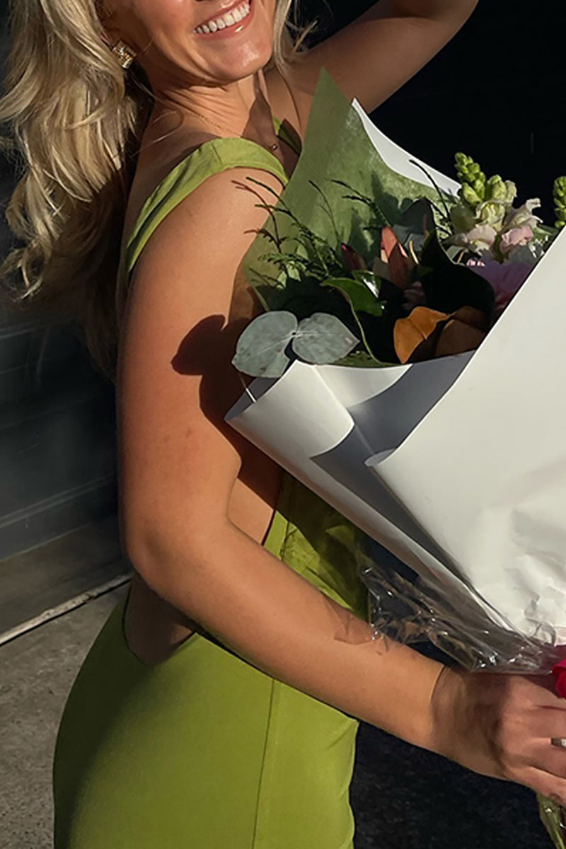 Load image into Gallery viewer, Simple Olive Satin Bodycon Thick Straps Prom Dress