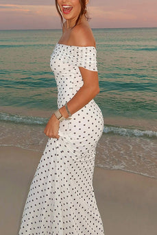 Black and White Dots Off the Shoulder Sheath Long Prom Dress