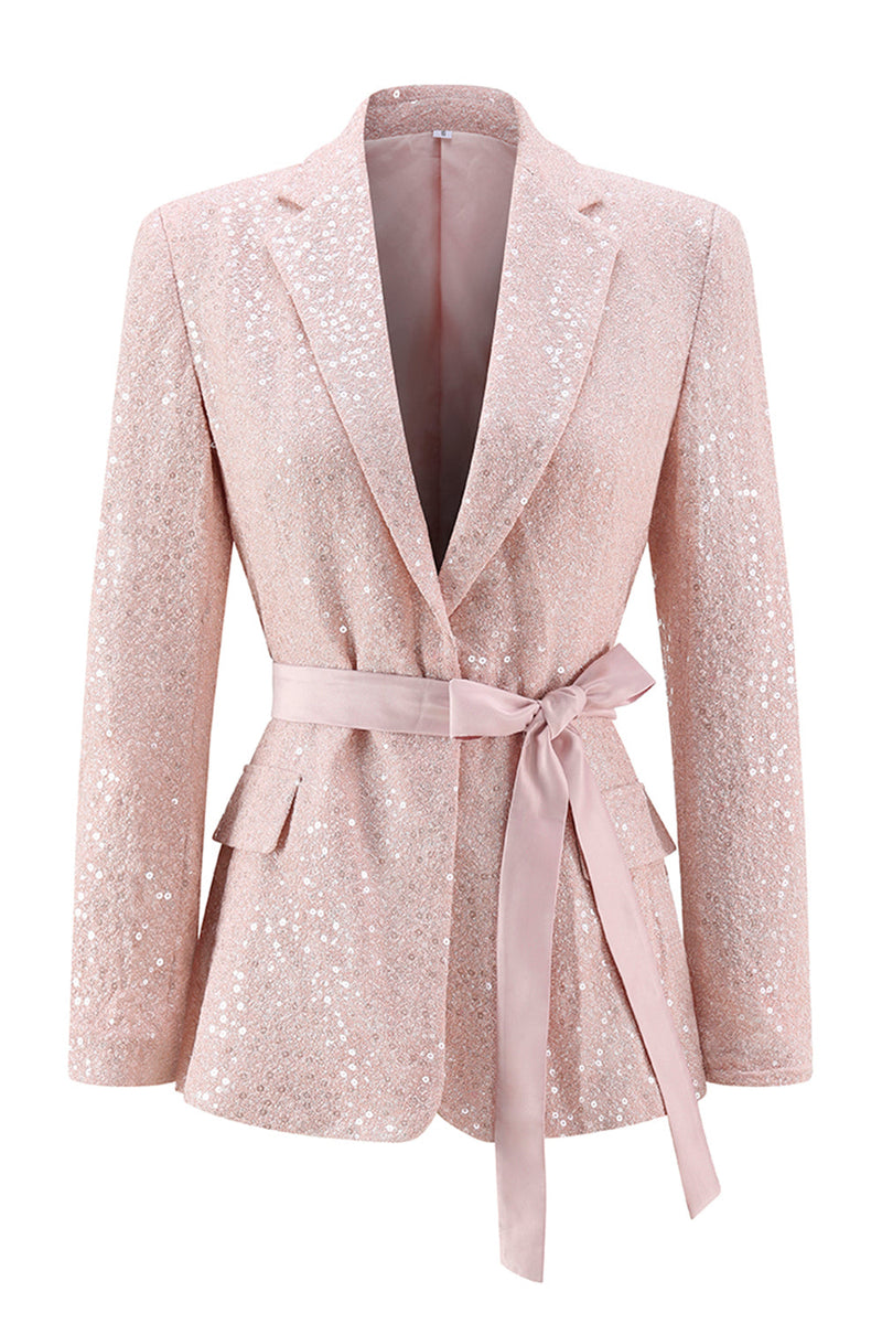 Load image into Gallery viewer, Sparkly Pink 2 Piece Sequin Pencil Midi Prom Suits with Sash