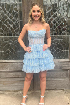 A Line Light Blue Sequins Corset Short Homecoming Dress