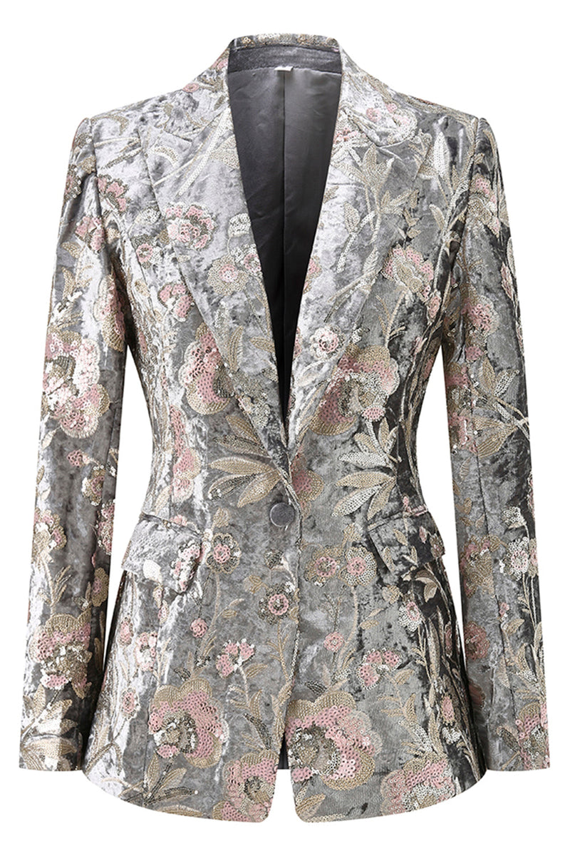 Load image into Gallery viewer, Sparkly Floral Grey Peak Lapel 2 Piece Women Prom Suits with Sequins