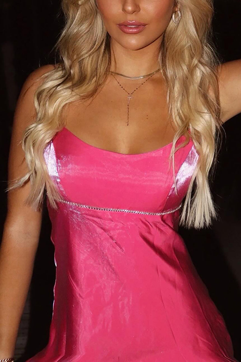 Load image into Gallery viewer, Sparkly Fuchsia Satin Beaded Spaghetti Straps Mini Dress
