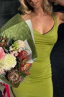 Load image into Gallery viewer, Simple Olive Satin Bodycon Thick Straps Prom Dress