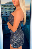 Load image into Gallery viewer, Sparkly Black Sequins One Shoulder Tight Short Dress with Sleeves