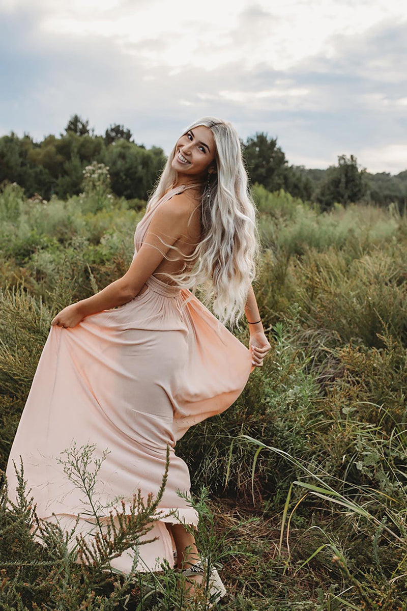 Load image into Gallery viewer, Light Pink Sheath Halter Maxi Wedding Guest Dress with Slit