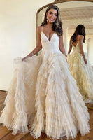 Load image into Gallery viewer, Pink A-Line Deep V Neck Tiered Long Prom Dress With Slit