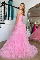 Load image into Gallery viewer, Pink A-Line Deep V Neck Tiered Long Prom Dress With Slit