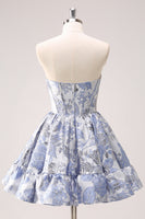 Load image into Gallery viewer, Floral Blue Sweetheart A-Line Short Corset Homecoming Dress with Ruffles