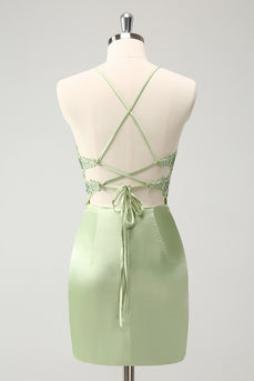 Spaghetti Straps Green Bodycon Satin Homecoing Dress with Appliques