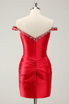 Red Off The Shoulder Bodycon Homecoming Dress with Sequins